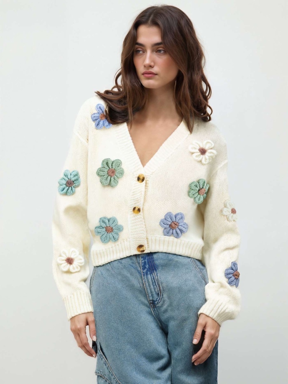 Cider Cream Cardigan with Pastel Floral Appliqués